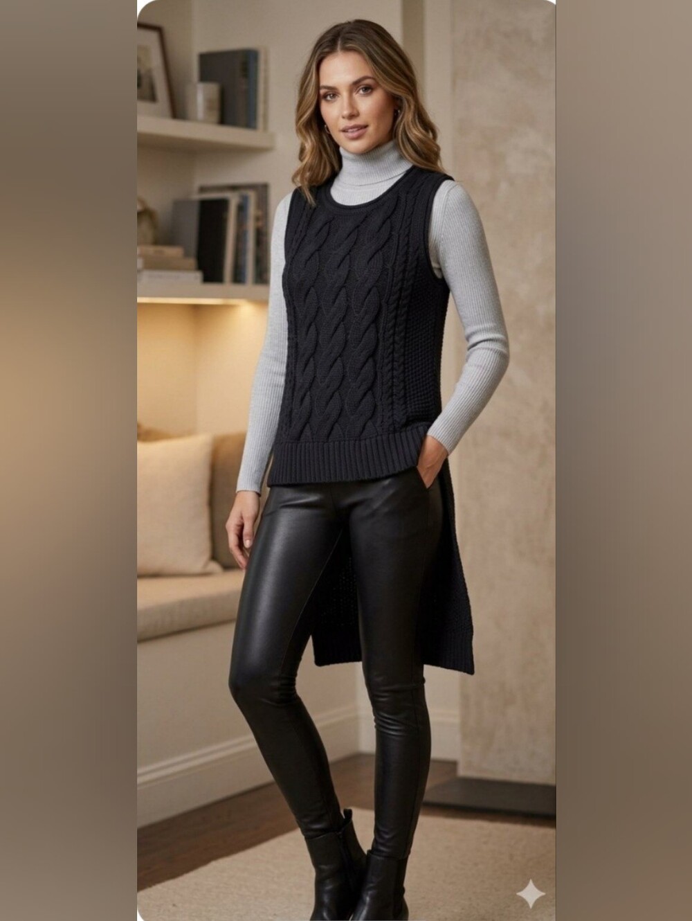 VENUS Black Cable Knit Sleeveless Hi-Low Tunic Sweater M